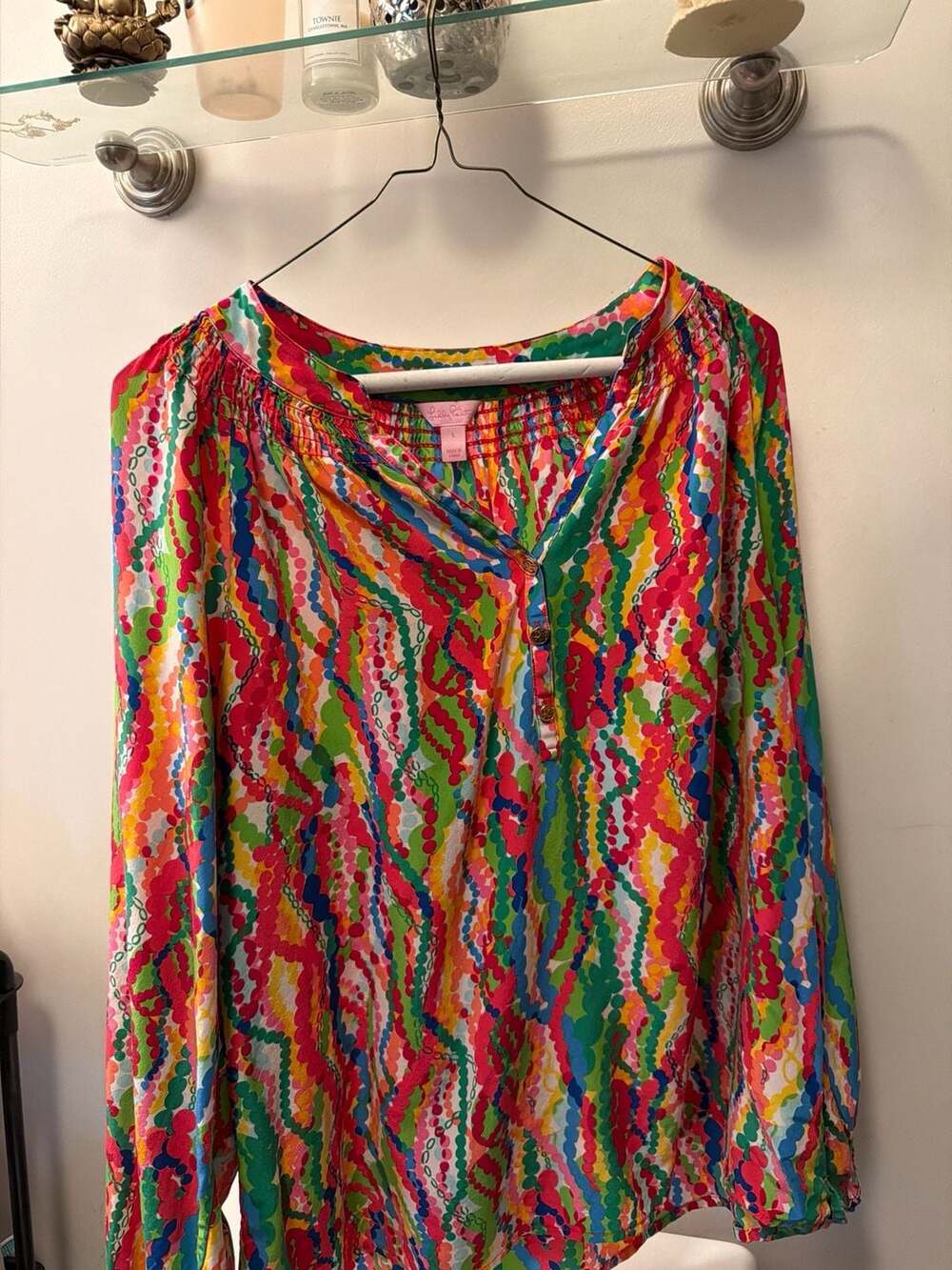 Lilly Pulitzer Elsa 100% Silk Beaded Print Long Sleeve Blouse Size L